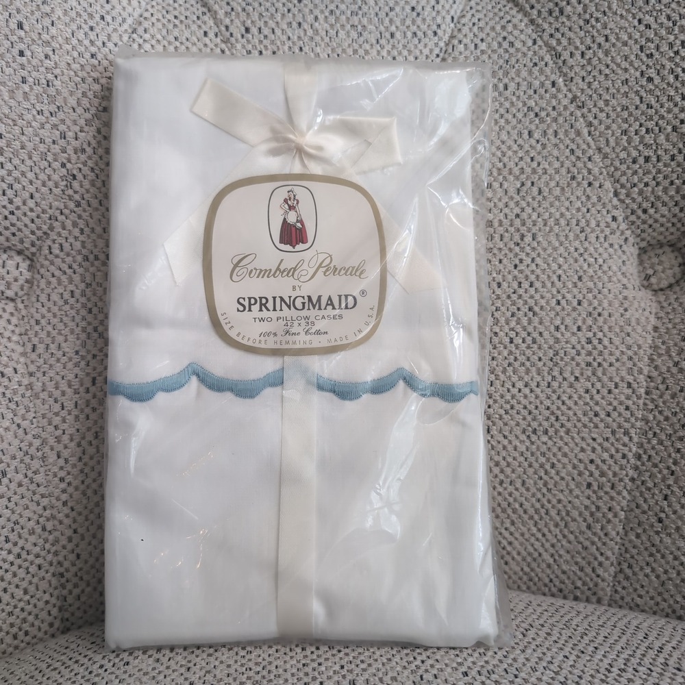 2 Vintage Springmaid Pillowcases Set White Blue Scalloped Cotton Percale USA NOS